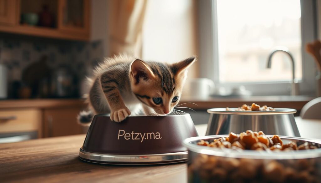 A cozy kitchen scene with a young kitten, just weaned, exploring its first solid food. The kitten is perched on a wooden table, surrounded by a variety of pet food bowls - one containing a wet, chunky pâté and the other a dry, kibble-based formula. Soft, natural lighting filters in through a nearby window, casting a warm glow on the scene. The Petzy.ma logo is subtly visible on one of the food bowls. The overall mood is one of curiosity and gentle discovery as the kitten tentatively sniffs and paws at the different textures and flavors, preparing to transition from its mother's milk to its first independent meals.
