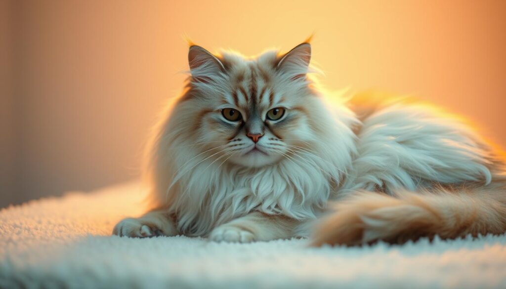 A long-haired domestic cat, its fluffy coat illuminated by warm, diffuse lighting, rests comfortably on a soft, plush surface. The feline's tranquil expression and relaxed posture convey a sense of contentment, its long fur cascading gracefully around its body. The image is captured from a slightly elevated angle, allowing the viewer to appreciate the cat's majestic appearance and the delicate texture of its fur. The background is subtly blurred, creating a serene and calming atmosphere that emphasizes the cat's central focus. This image perfectly captures the essence of a cat's comfort and the circumstances where a bathing may be necessary. A long-haired domestic cat, its fluffy coat illuminated by warm, diffuse lighting, rests comfortably on a soft, plush surface. The feline's tranquil expression and relaxed posture convey a sense of contentment, its long fur cascading gracefully around its body. The image is captured from a slightly elevated angle, allowing the viewer to appreciate the cat's majestic appearance and the delicate texture of its fur. The background is subtly blurred, creating a serene and calming atmosphere that emphasizes the cat's central focus. This image perfectly captures the essence of a cat's comfort and the circumstances where a bathing may be necessary.