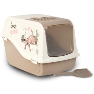 Mera Bac à Litière Fermé pour Chat - Marron Blanc avec Motifs — Petzy.ma Maroc