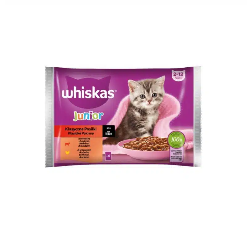 Whiskas® Junior – Alimentation humide en sauce pour chatons – Bœuf et poulet – 4 x 85 g 1 Whiskas® Junior – Alimentation humide en sauce pour chatons – Bœuf et poulet – 4 x 85 g