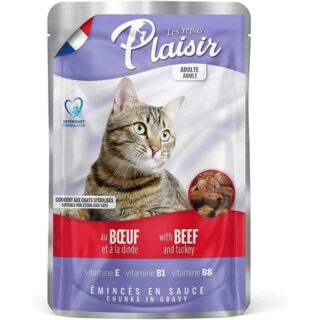 Émincés en sauce pour chats au bœuf et dinde 100g – Plaisir®